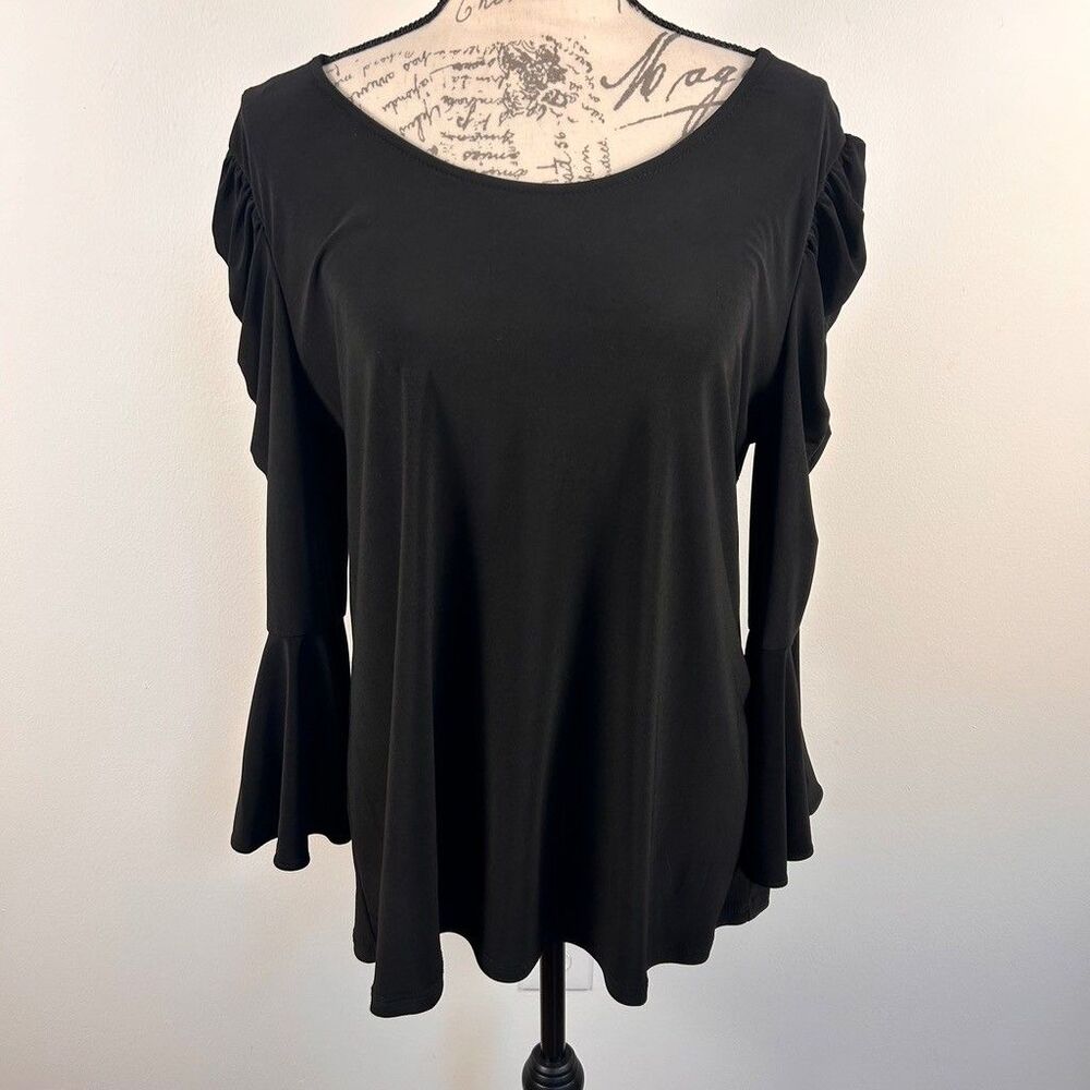 Coco Bianco Blouse Womens XL Black Ruched Bell Sleeve Scoop Neck Top New
